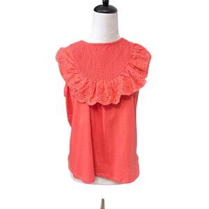 Inner Circle Top Sleeveless Smocked Ruffle Eyelet Cotton Orange Women's S NWOT